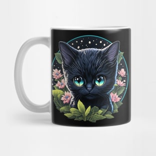 Starry Night Kitten with Big Blue Eyes and Pink Flowers Mug